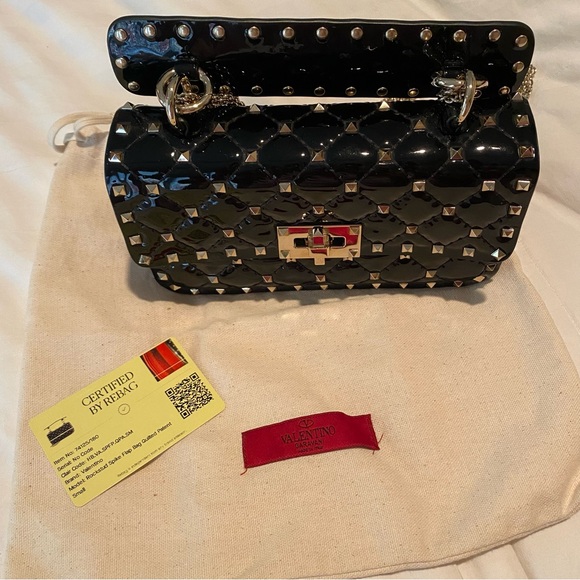 Valentino Black Rockstud Spike Flap Bag Quilted Patent Leather Small - Picture 4 of 15